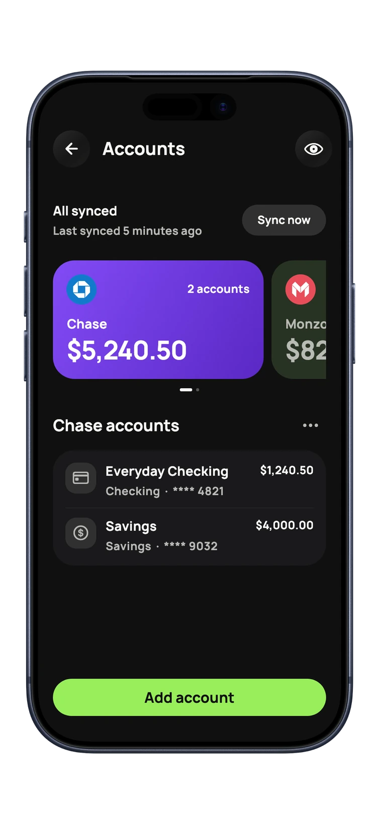 BudgetGo Accounts: Chase and Monzo connected and synced, with Everyday Checking and Savings balances