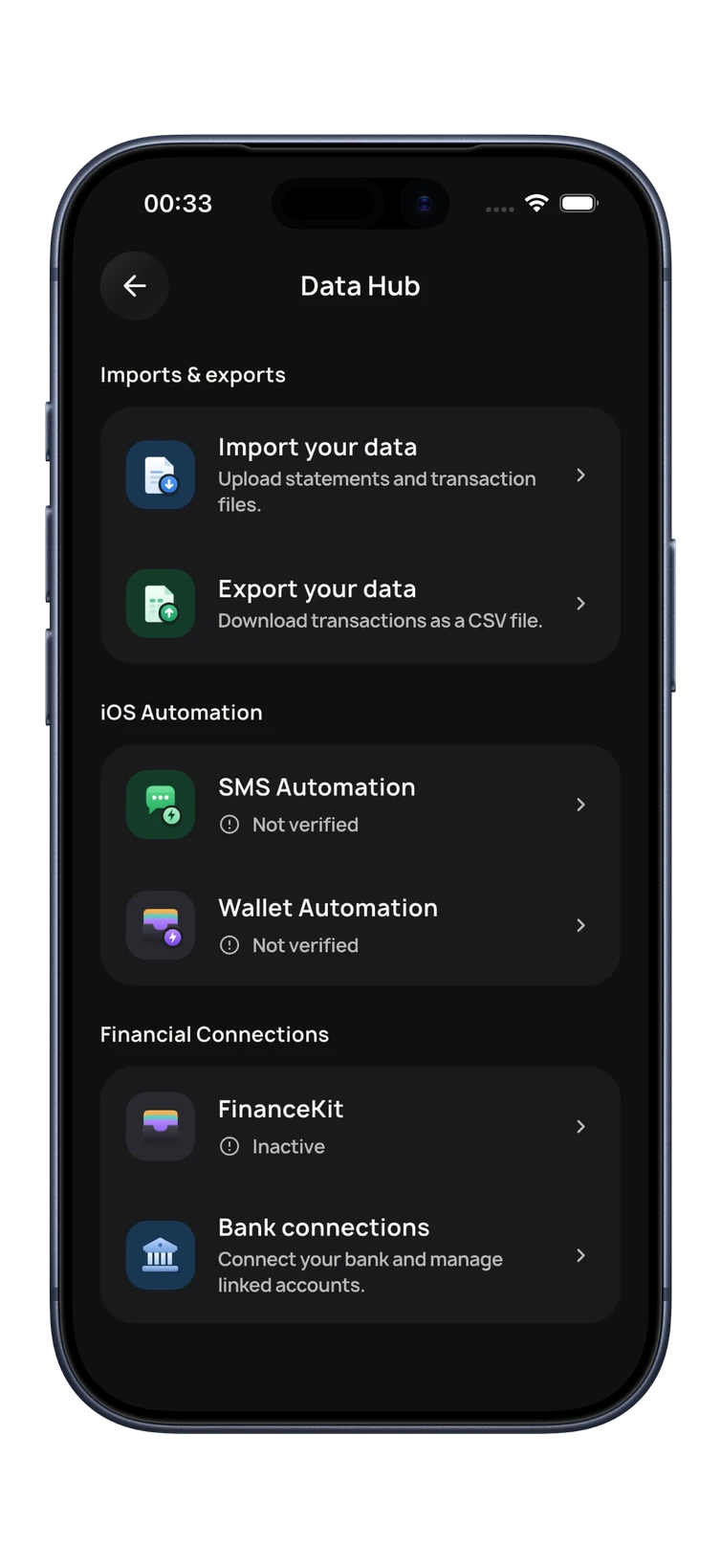 BudgetGo Data Hub: imports and exports, iOS automation, FinanceKit and bank connections