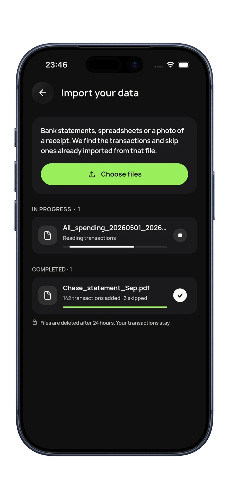BudgetGo Import your data: one statement reading transactions, and a Chase statement completed with 142 transactions added and 3 skipped