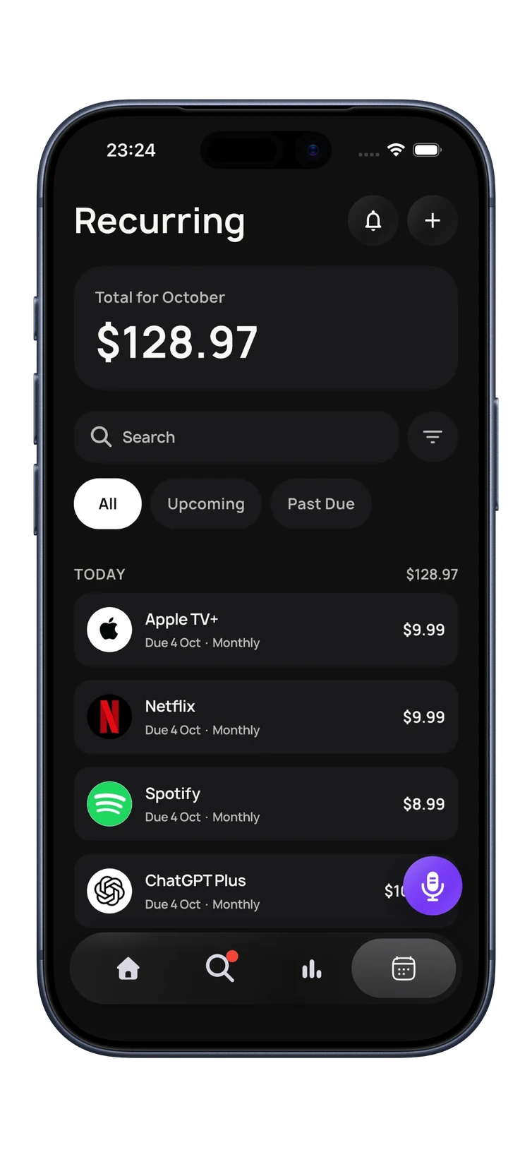 BudgetGo Recurring: $128.97 total for October, with Apple TV+, Netflix, Spotify and ChatGPT Plus due today