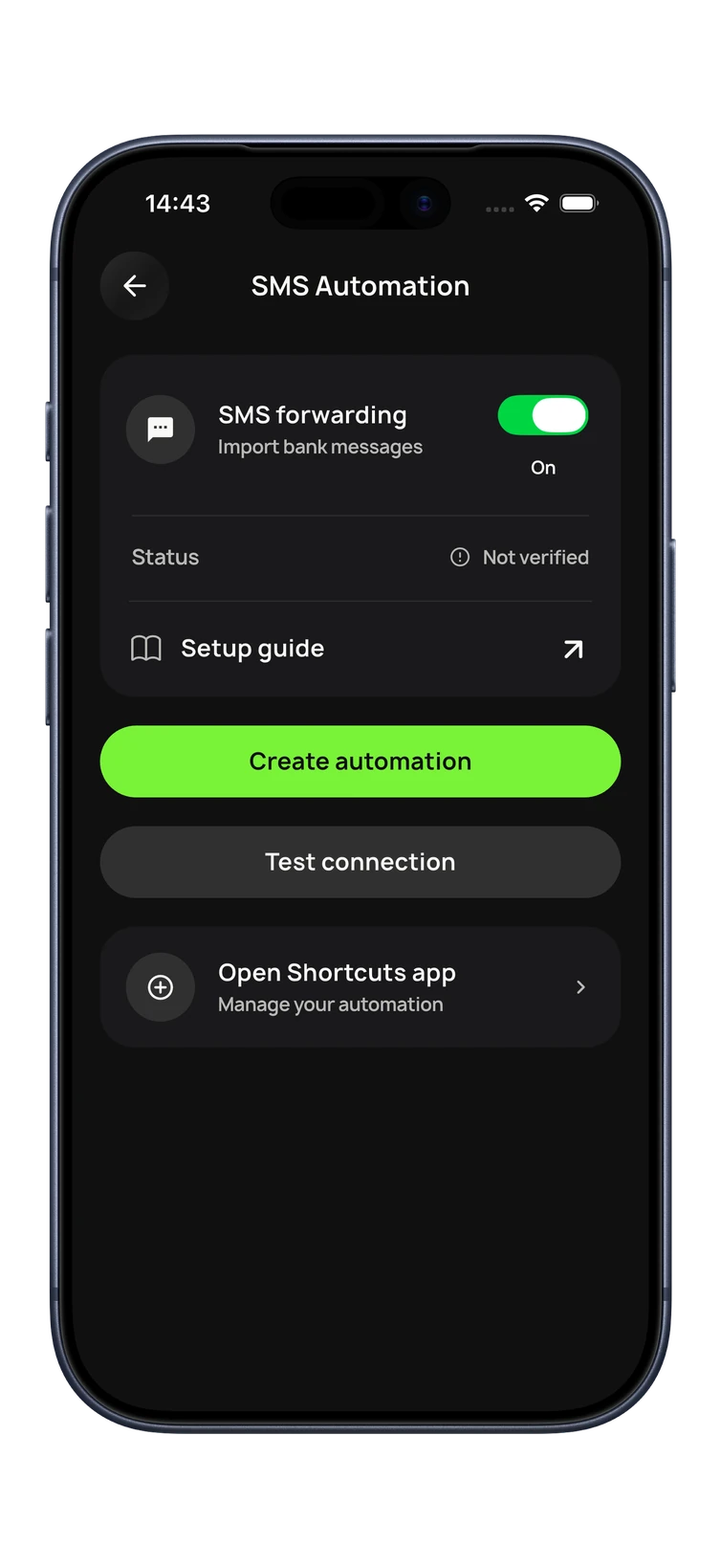 BudgetGo SMS Automation: SMS forwarding on, create automation and test connection