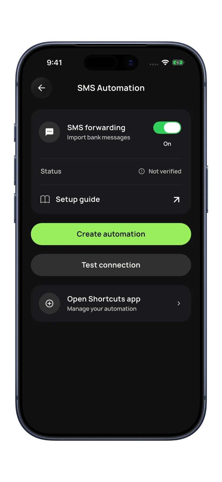 BudgetGo SMS Automation screen with the forwarding toggle, status, and Test connection button