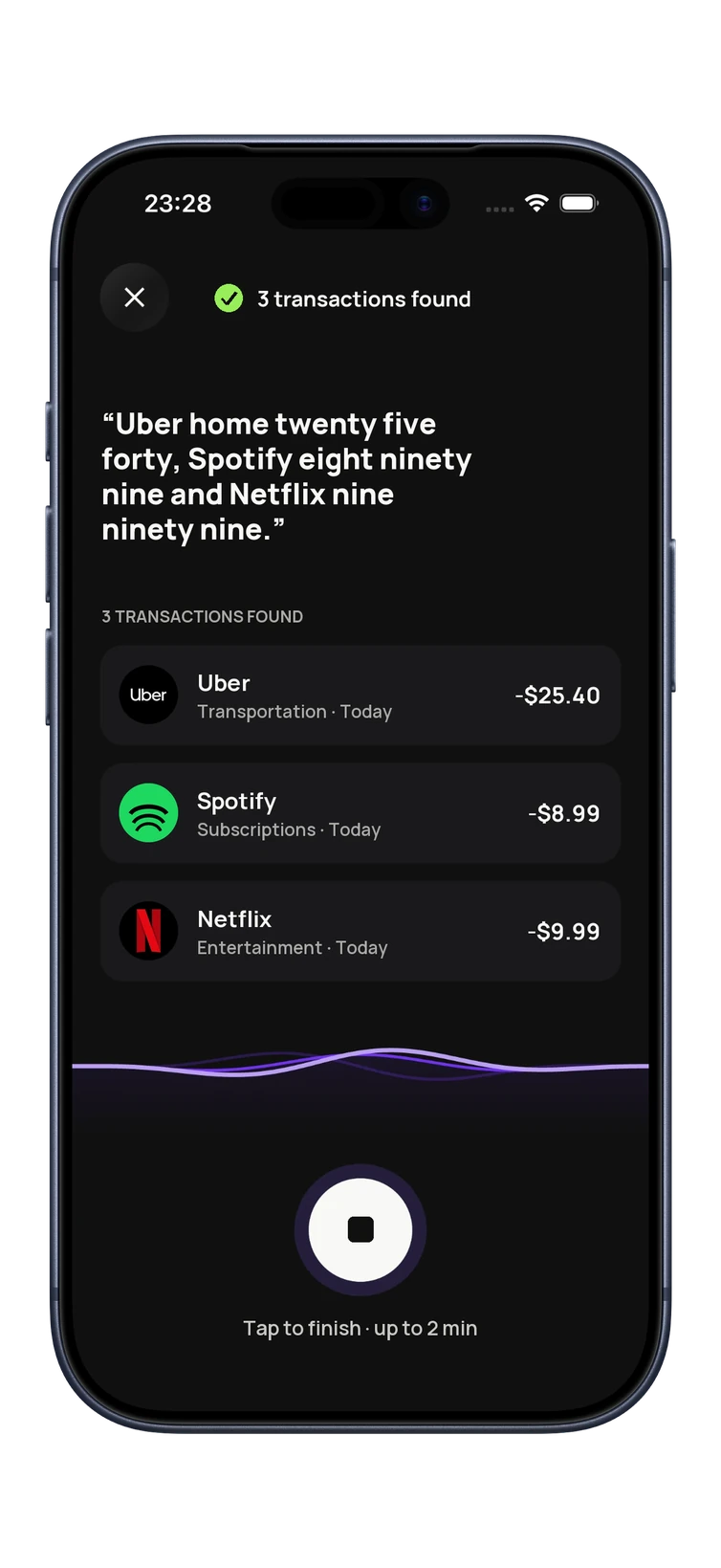 BudgetGo voice entry: Uber home twenty five forty, Spotify eight ninety nine and Netflix nine ninety nine, turned into three transactions