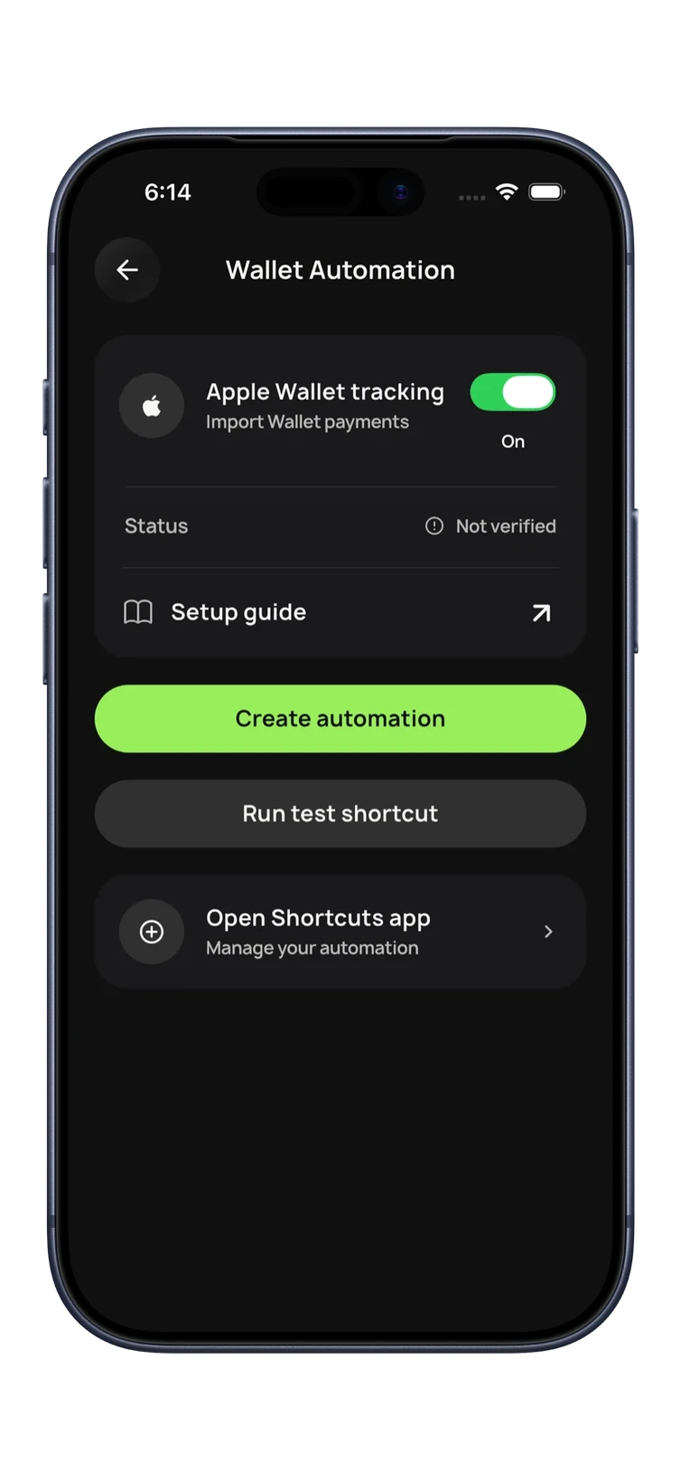BudgetGo Wallet Automation screen with Apple Wallet tracking switched on and a Run test shortcut button