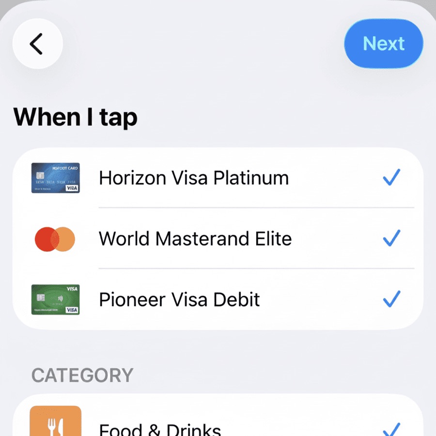 Selecting the Wallet cards to track