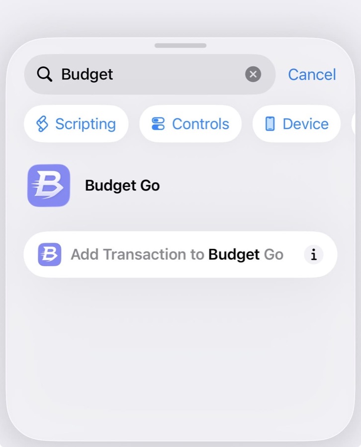 Searching for the Add Transaction to Budget Go action